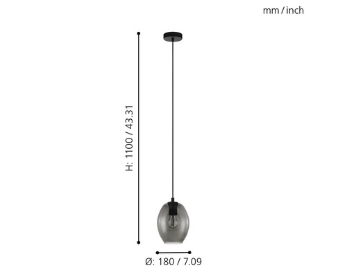 Hängeleuchte mit grauem Glasschirm und den Maßen 1100 mal 180 Millimeter.