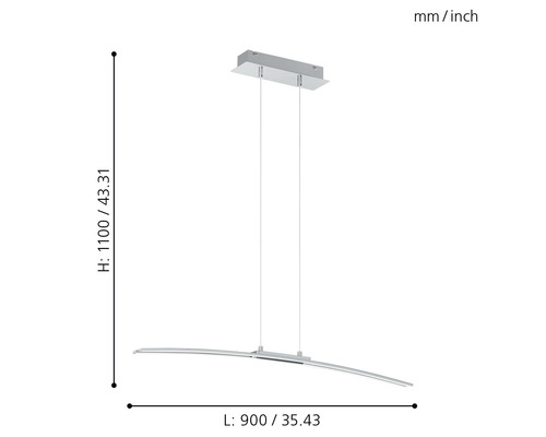 Abmessungen einer Pendelleuchte: Höhe 1100 mm, Länge 900 mm