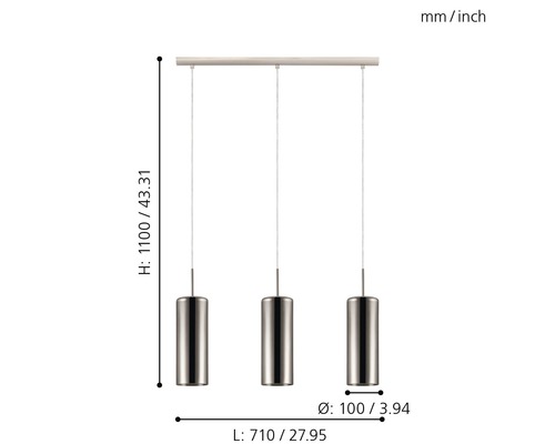 Abmessungen einer dreiflammigen Pendelleuchte