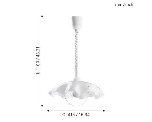 Weiße Pendelleuchte mit flexibler Aufhängung und den Maßen 1100 mal 415 Millimeter.