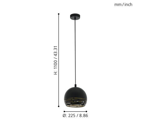 Hängeleuchte mit einem Durchmesser von 225 Millimeter und einer Höhe von 1100 Millimeter