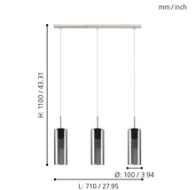 Lampe à suspension avec trois lampes et dimensions.