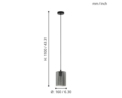 Pendelleuchte mit den Maßen 1100 Millimeter Höhe und 160 Millimeter Durchmesser