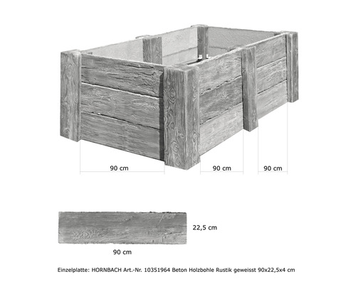Jardinière en béton aspect planches de bois, dimensions : 90 x 22,5 x 4 cm