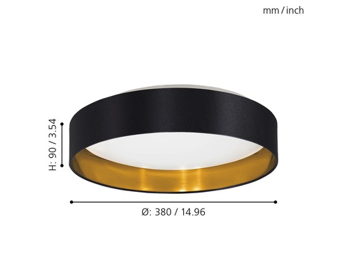Deckenleuchte mit den Massen Durchmesser 380 Millimeter und Höhe 90 Millimeter.
