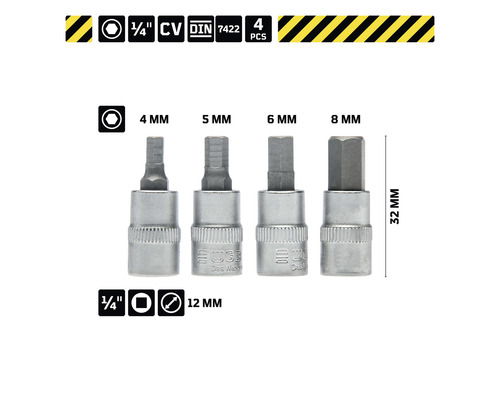 Vierkant Steckschlüsseleinsatz Set mit den Größen 4, 5, 6 und 8 Millimeter, 32 Millimeter Länge