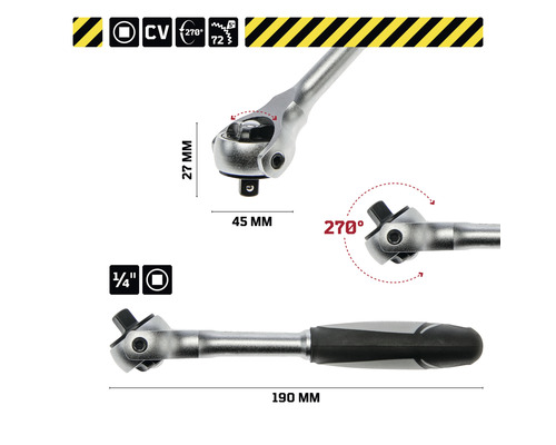 Cliquet avec entraînement 1/4 pouce, longueur 190 mm et tête pivotante
