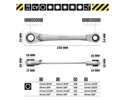 Clé à molette 28 en 1 avec différents accessoires et dimensions