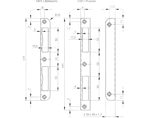 Technische Zeichnung von Türbeschlägen mit Maßangaben für Innentür und Haustür