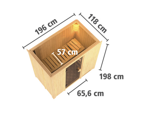 Sauna avec dimensions 196 cm de longueur, 118 cm de largeur et 198 cm de hauteur