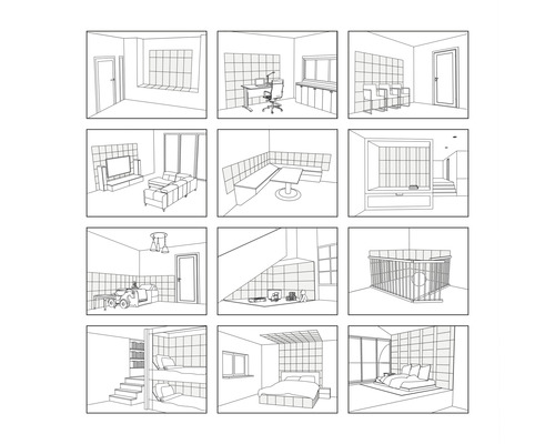Illustrations en noir et blanc de différents intérieurs