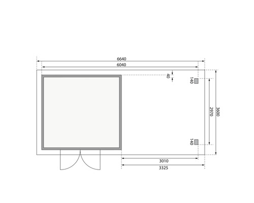 Plan coté d''un abri de jardin avec terrasse et porte