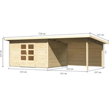 Gartenhaus Karibu Speyer 4 inkl. Anbaudach 3,3 m und Rückwand 724 x 331,5 cm natur
