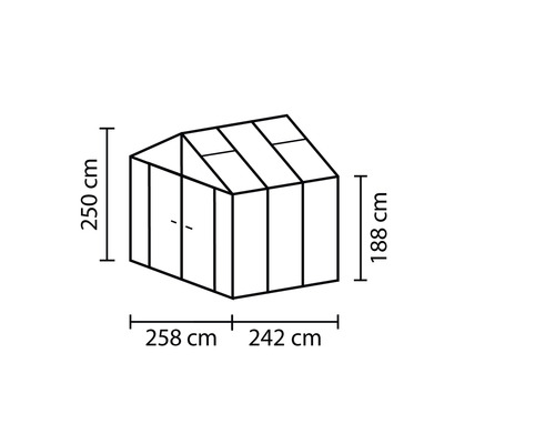 Image d''une serre avec des dimensions de 250 cm de hauteur, 258 cm et 242 cm de largeur et 188 cm de hauteur latérale.