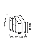 Technische Zeichnung eines Gewächshauses mit Maßangaben: 207 cm Höhe, 198 cm und 131 cm Breite, 136 cm Seitenhöhe.