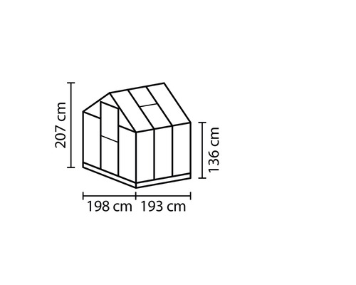Technische Zeichnung eines Gewächshauses mit den Maßen 207 cm Höhe, 198 cm und 193 cm Breite sowie 136 cm Seitenhöhe.