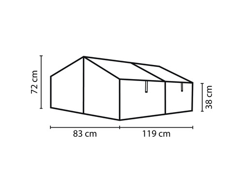 Schéma technique d''une silhouette de serre avec dimensions en centimètres