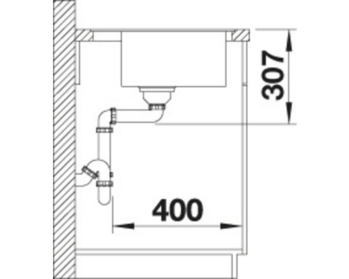 Schéma technique d''un évier avec siphon et dimensions 307 et 400.