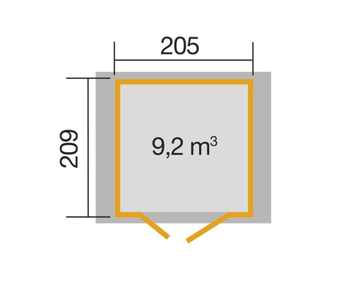 Plan avec dimensions 205 x 209 cm et volume de 9,2 mètres cubes