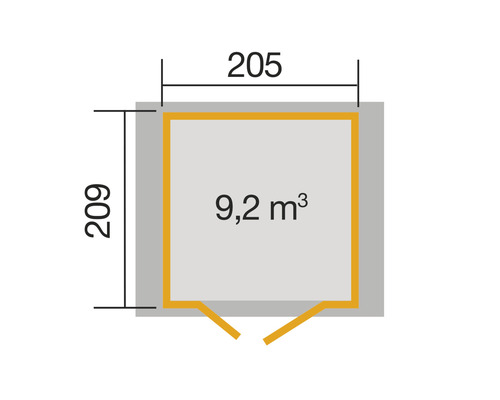 Grundrisszeichnung mit den Maßen 205 mal 209 Zentimeter und einem Volumen von 9,2 Kubikmetern.