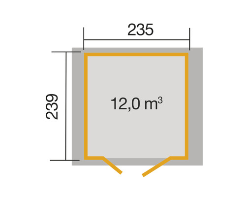 Plan avec dimensions 235 x 239 cm et volume de 12 mètres cubes