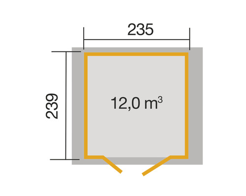 Plan avec dimensions 235 sur 239 et volume de 12 mètres cubes