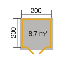 Grundrisszeichnung mit den Maßen 200 mal 200 Zentimeter und einem Rauminhalt von 8,7 Kubikmetern