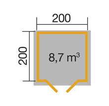 Grundriss mit den Maßen 200 mal 200 und einem Rauminhalt von 8,7 Kubikmeter.