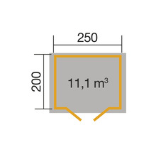 Technische Zeichnung mit den Maßen 250 x 200 und einem Volumen von 11,1 Kubikmeter