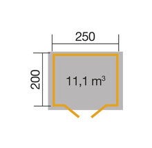 Plan avec les dimensions 250 sur 200 et un volume de 11,1 mètres cubes