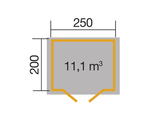 Grundriss mit den Maßen 250 mal 200 und einem Volumen von 11,1 Kubikmeter