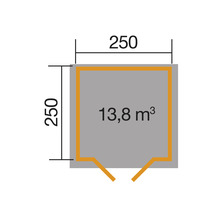Grundrisszeichnung mit den Maßen 250 x 250 cm und 13,8 Kubikmeter Rauminhalt