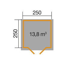 Grundrisszeichnung mit den Maßen 250 x 250 cm und 13,8 Kubikmeter Rauminhalt