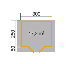 Grundrisszeichnung mit den Maßen 300, 250 und 50, sowie Angabe der Raumgröße 17,2 Kubikmeter