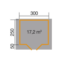 Grundrisszeichnung mit den Maßen 300 cm Breite, 250 cm Höhe und einem Volumen von 17,2 Kubikmeter