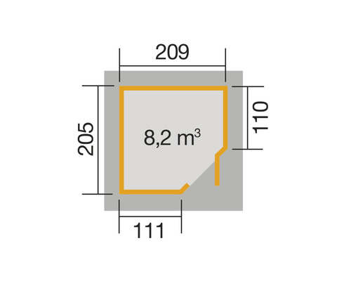 Plan avec dimensions et indication de volume de 8,2 mètres cubes