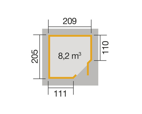 Plan avec dimensions : 205 x 209 x 110 x 111, surface : 8,2 mètres cubes