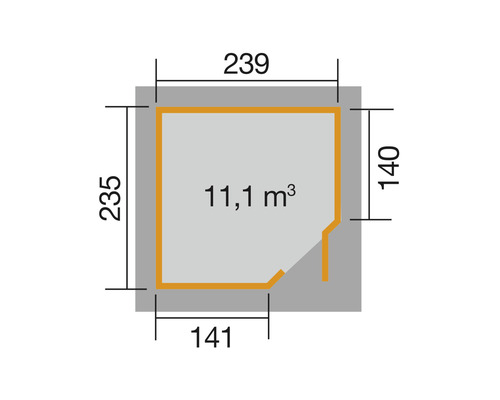Plan avec dimensions 239 x 235 x 140 x 141 et 11,1 mètres cubes