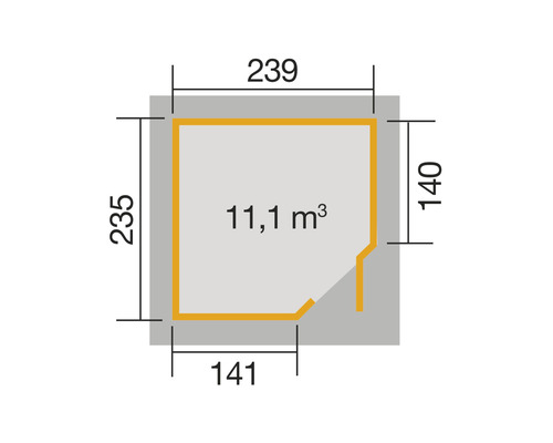 Plan avec les dimensions 239 sur 235 sur 140 sur 141 et un volume de 11,1 mètres cubes