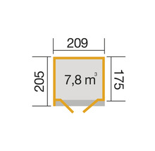 Grundriss mit den Maßen 205 x 209 x 175 cm und 7,8 Kubikmeter Rauminhalt