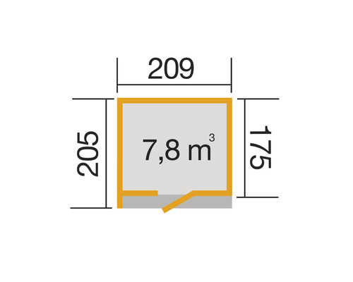 Plan avec les dimensions 205, 209 et 175 centimètres et un volume de 7,8 mètres cubes