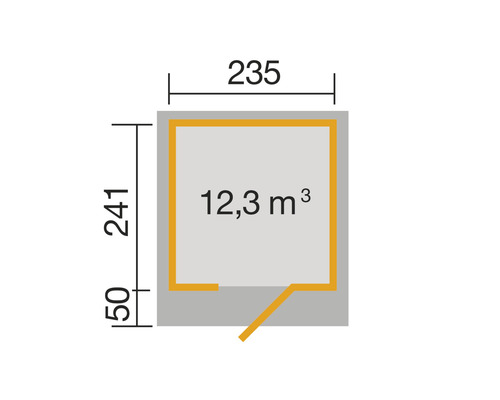 Plan d''un abri de jardin avec des dimensions de 235 x 241 centimètres et un volume de 12,3 mètres cubes