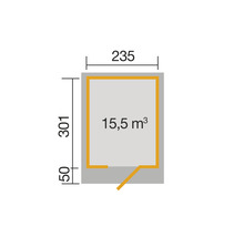Plan avec les dimensions 235 x 301 cm et un volume de 15,5 mètres cubes