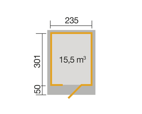 Plan avec les dimensions 235 x 301 cm et un volume de 15,5 mètres cubes