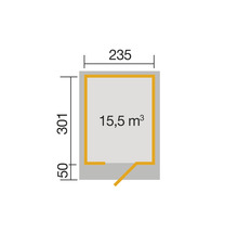 Plan avec les dimensions 235 x 301 cm et un volume de 15,5 mètres cubes