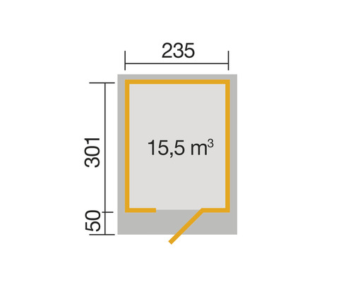 Plan avec les dimensions 235 x 301 cm et un volume de 15,5 mètres cubes