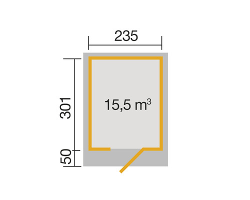 Plan avec dimensions 235 x 301 cm et un volume de 15,5 mètres cubes