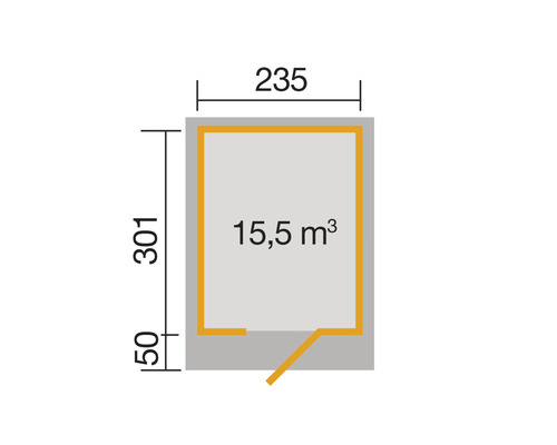 Plan avec dimensions et volume de la pièce de 15,5 mètres cubes