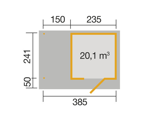 Plan avec les dimensions 385 x 241 cm et un volume de 20,1 mètres cubes