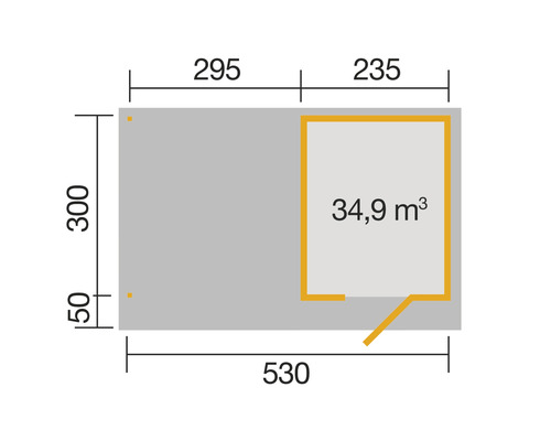 Plan avec dimensions en centimètres et volume en mètres cubes